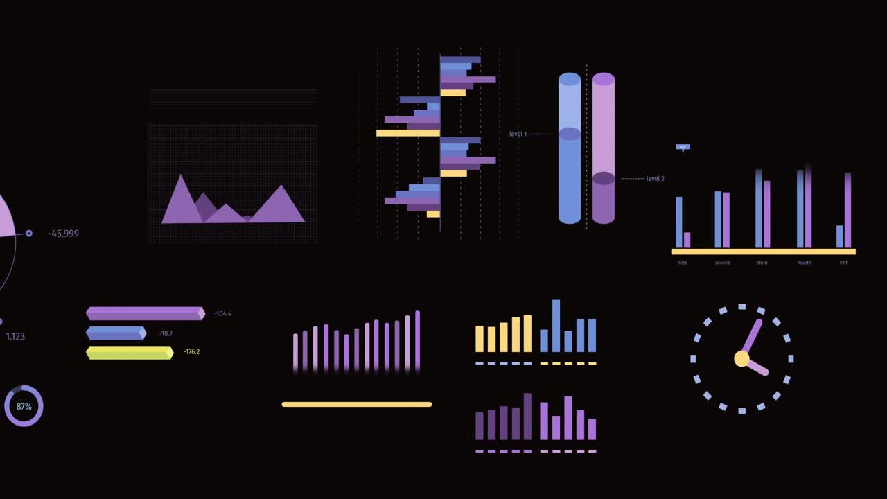 animación de estadísticas, gráficos y procesamiento de datos financieros sobre un fondo negro