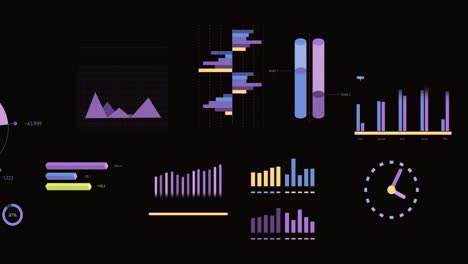 animation of statistics, graphs and financial data processing over black background