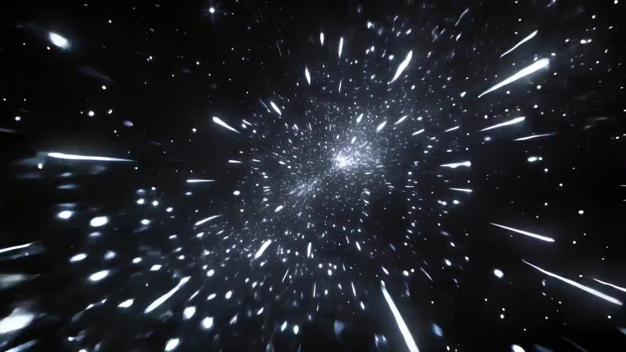 Accelerating camera racing through void, revealing dual core, particle streaks, simulating warp