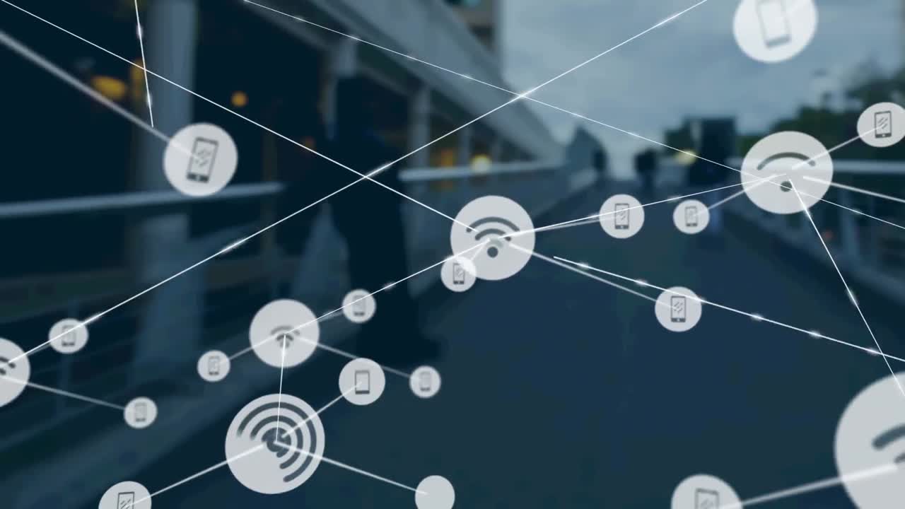 Animation af netværk af forbindelser med ikoner over moderne bygning