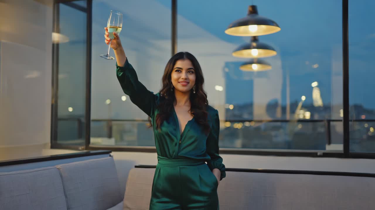 Woman Toasting with Wine Glass on Rooftop