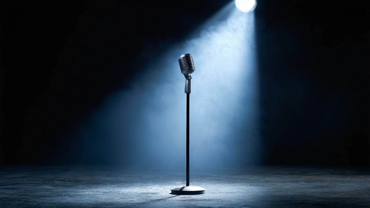 Un elegante microfono vintage illuminato da un morbido riflettore, in piedi da solo su un palco scuro, che evoca l'attesa di musica e momenti di spettacolo.