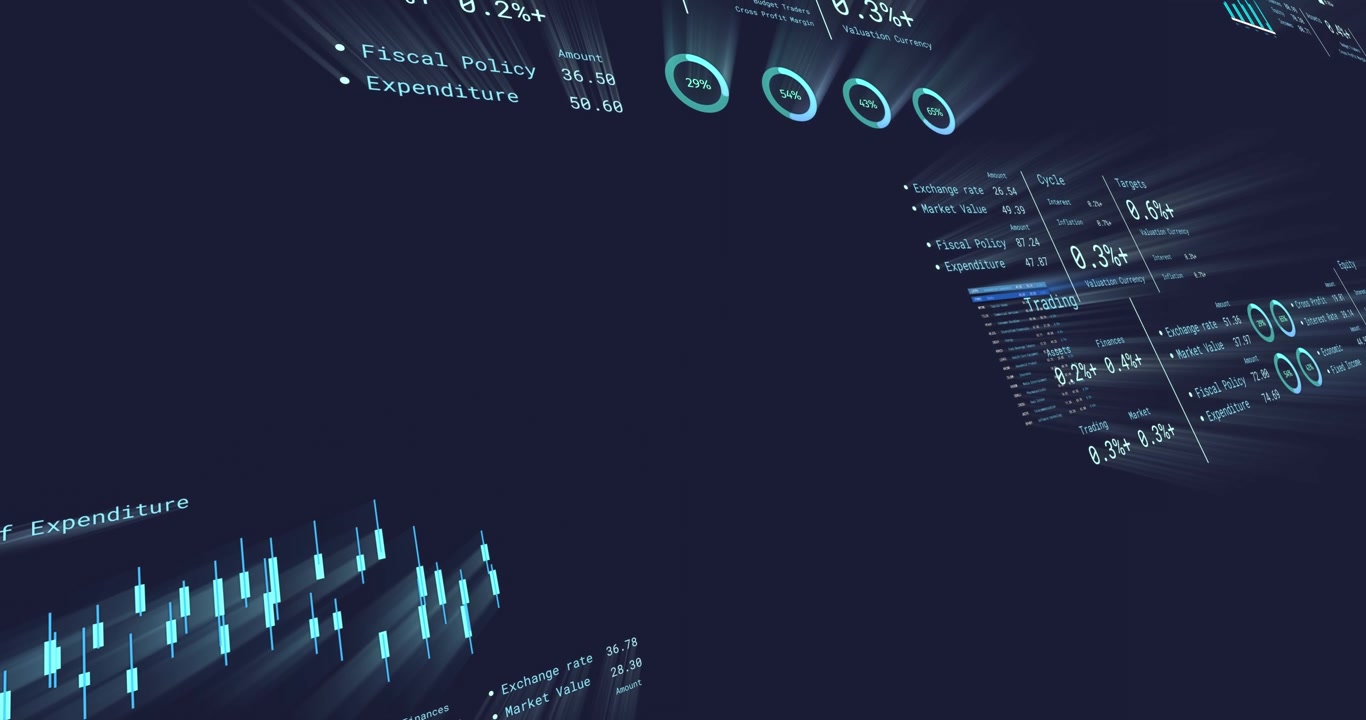 Animation of stock market data processing against black background