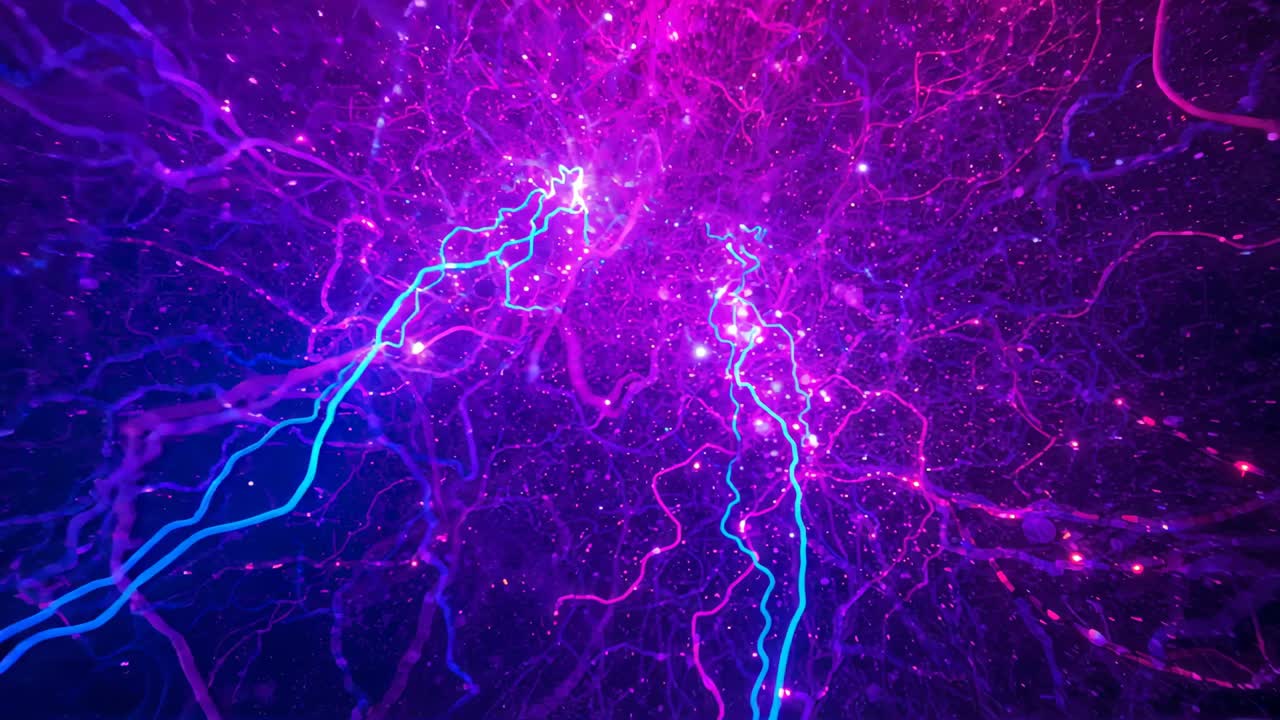 Camera entering neon network inside void, revealing pulsing filaments, glowing nodes around core