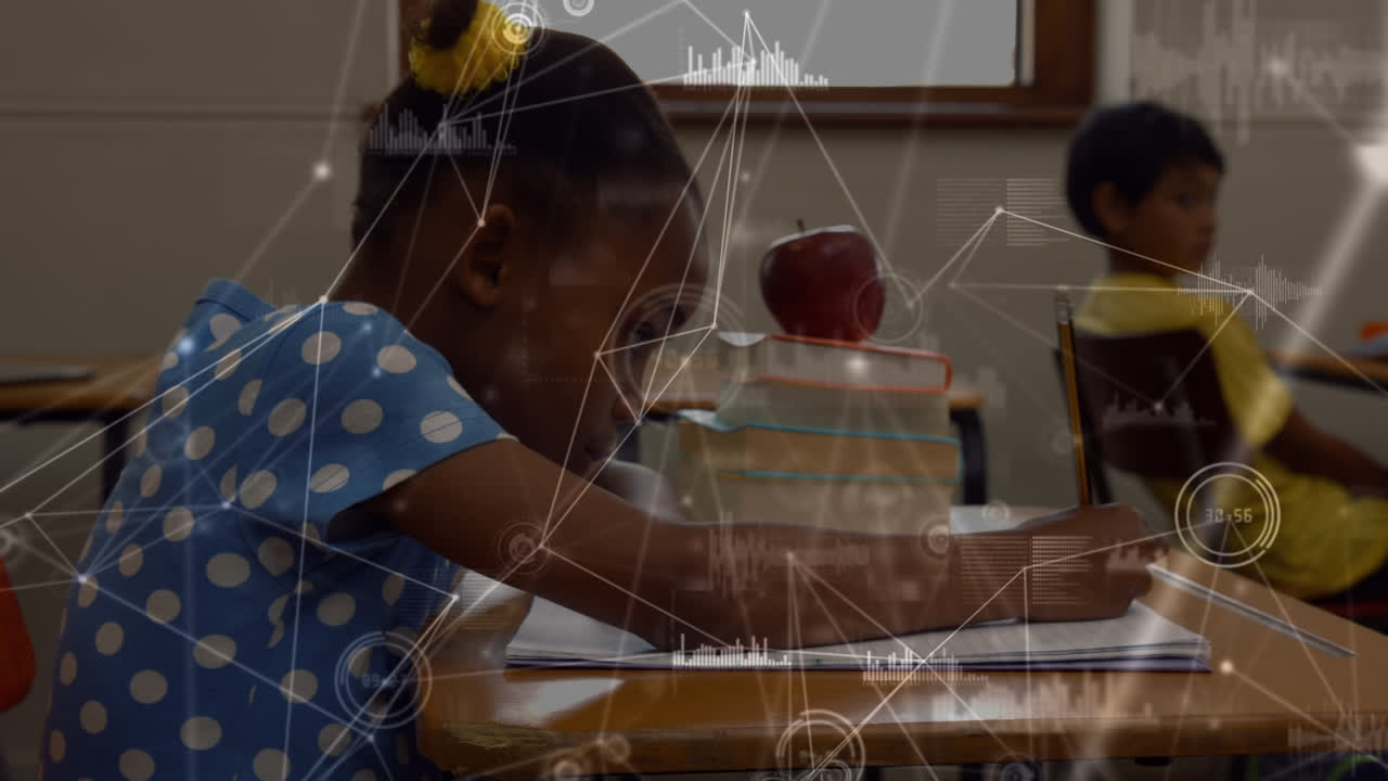 Animation of network of connections over african american girl studying in the class at school