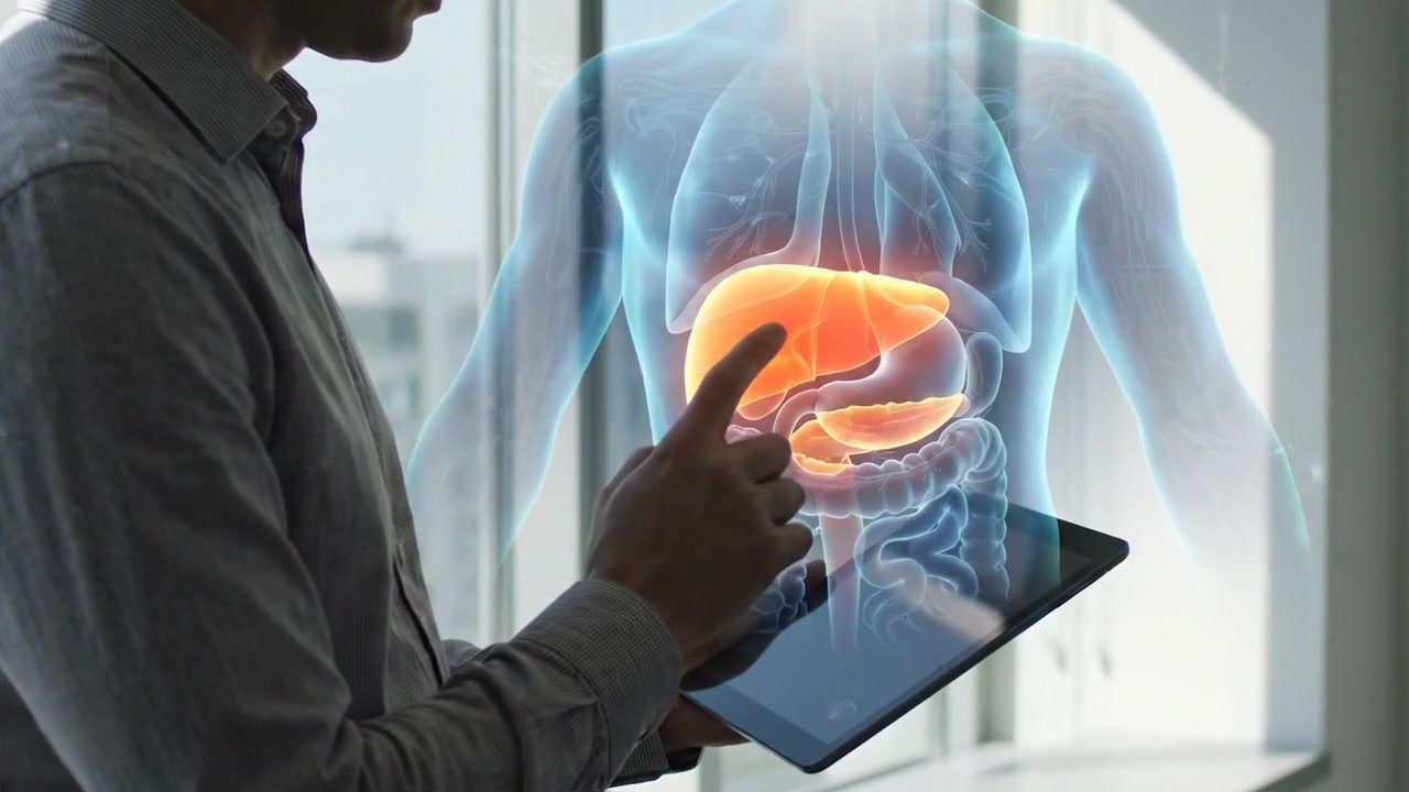 Person holding tablet with holographic liver projection near bright office window