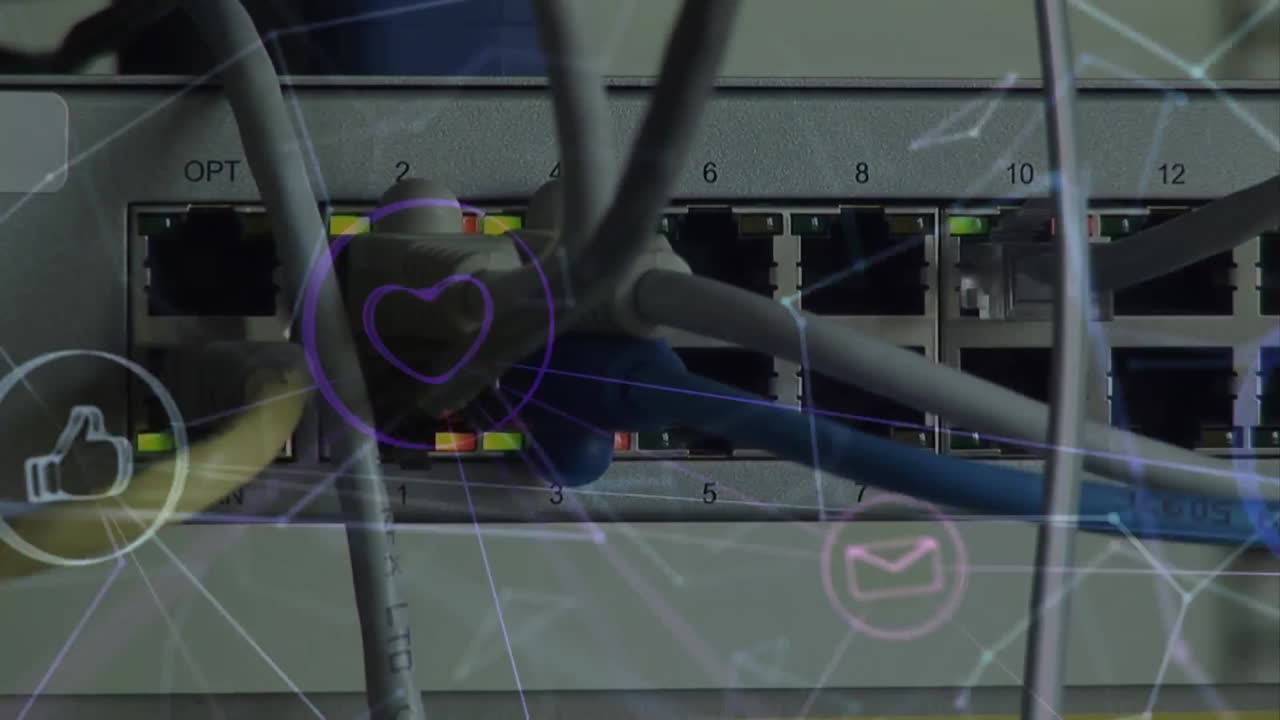 animación de una colorida red de conexión con iconos sociales flotando sobre cables conectados