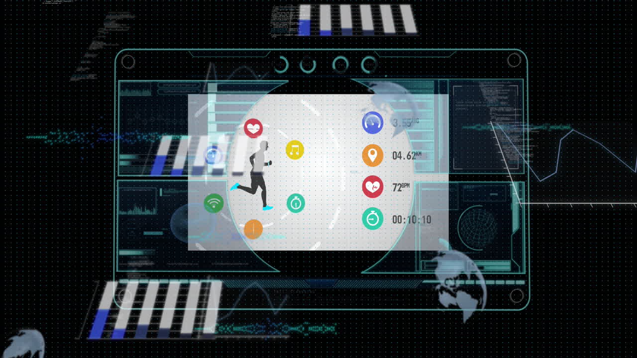 animación de la interfaz con el procesamiento de datos deportivos contra un fondo negro
