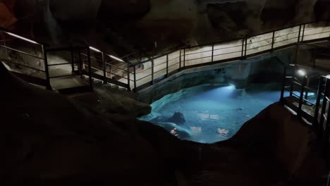 grotte sombre avec cours d'eau et des lumières et des sentiers pour les visiteurs