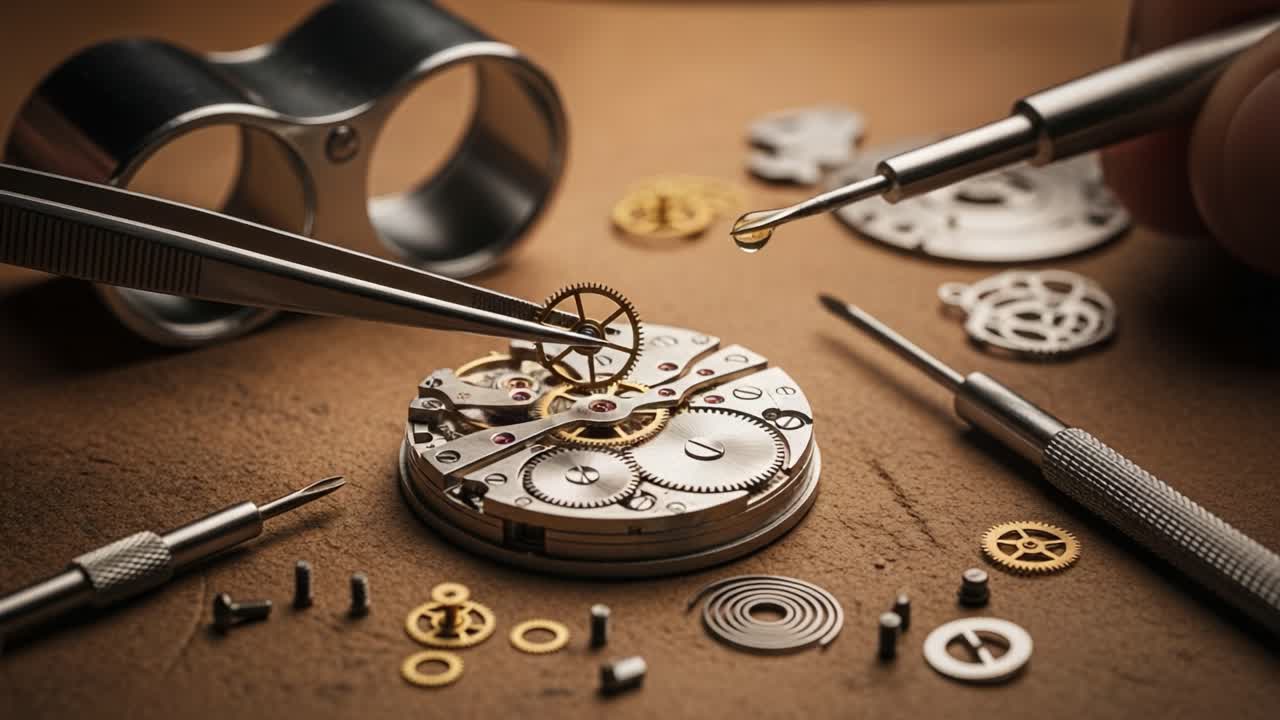 Intricate Precision: A Close-Up Exploration of Watch Mechanism Assembly with Tools and Component Details in Focus