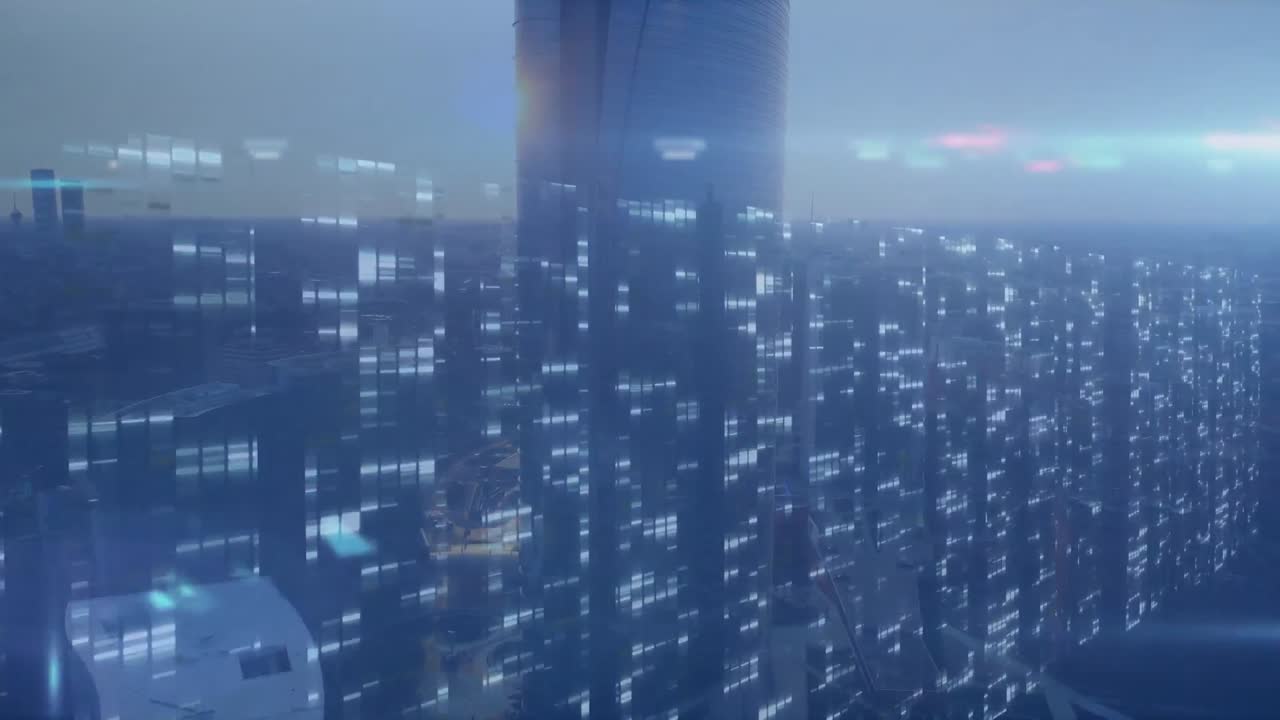Animation of data processing over cityscape