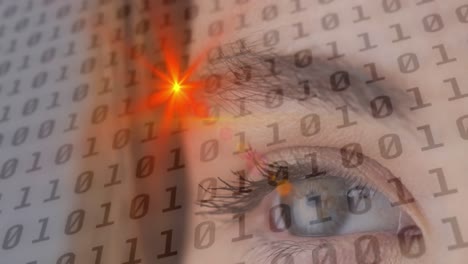 Animation of binary coding processing with glowing spot over woman&#039;s eye