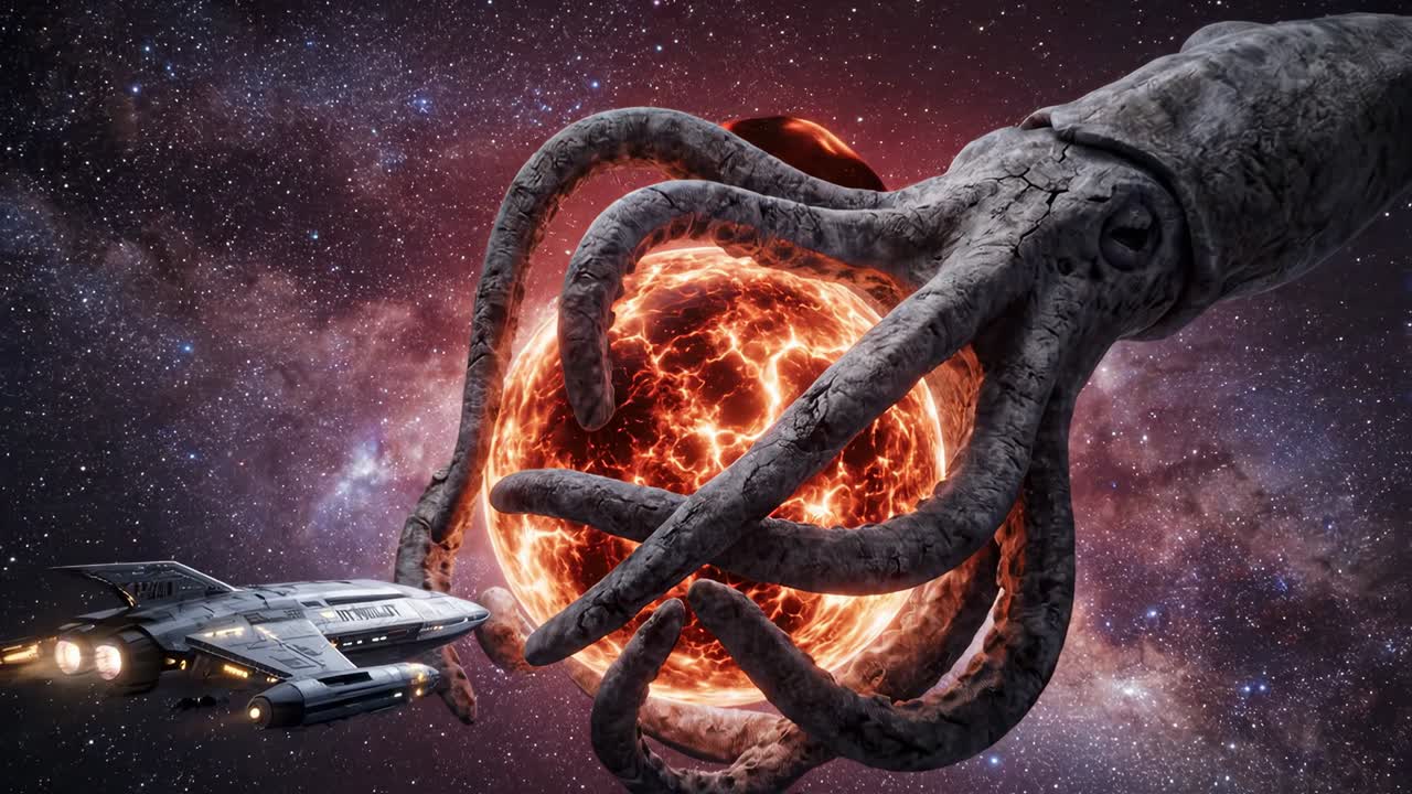Giant Kraken-like Creature Holding a Celestial Body in Deep Space