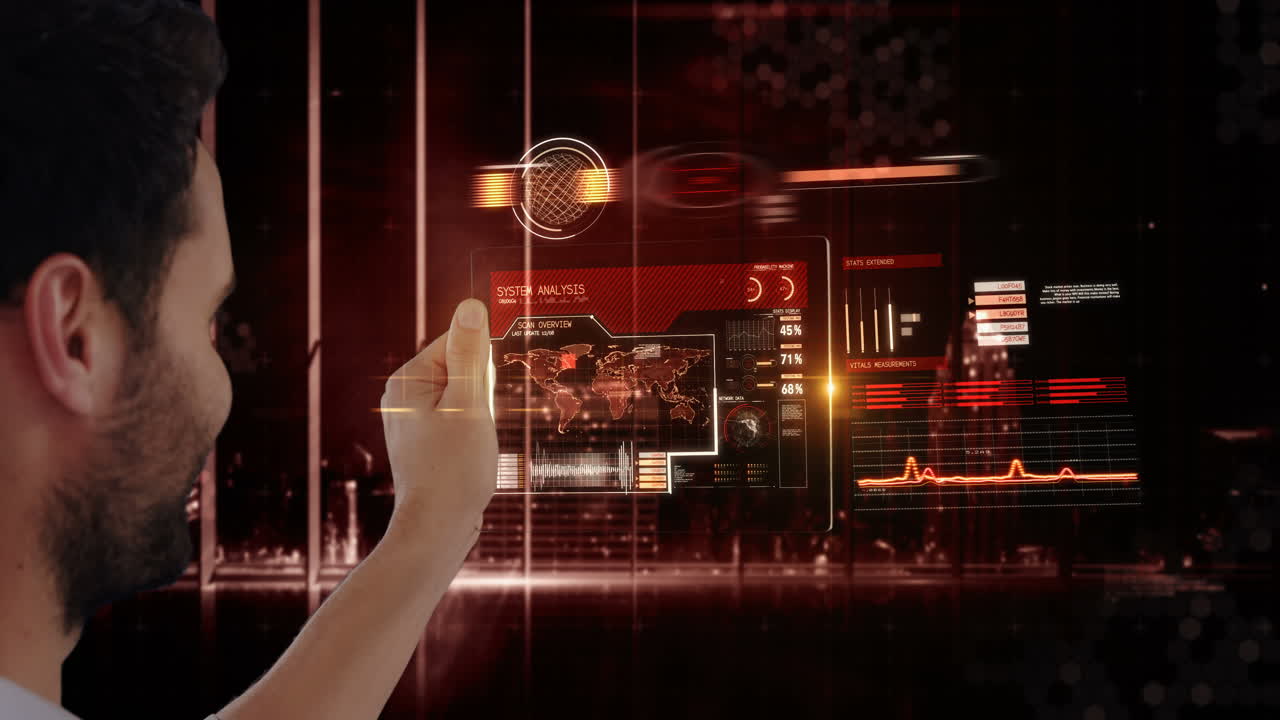 미래의 디지털 태블릿을 사용하는 사람