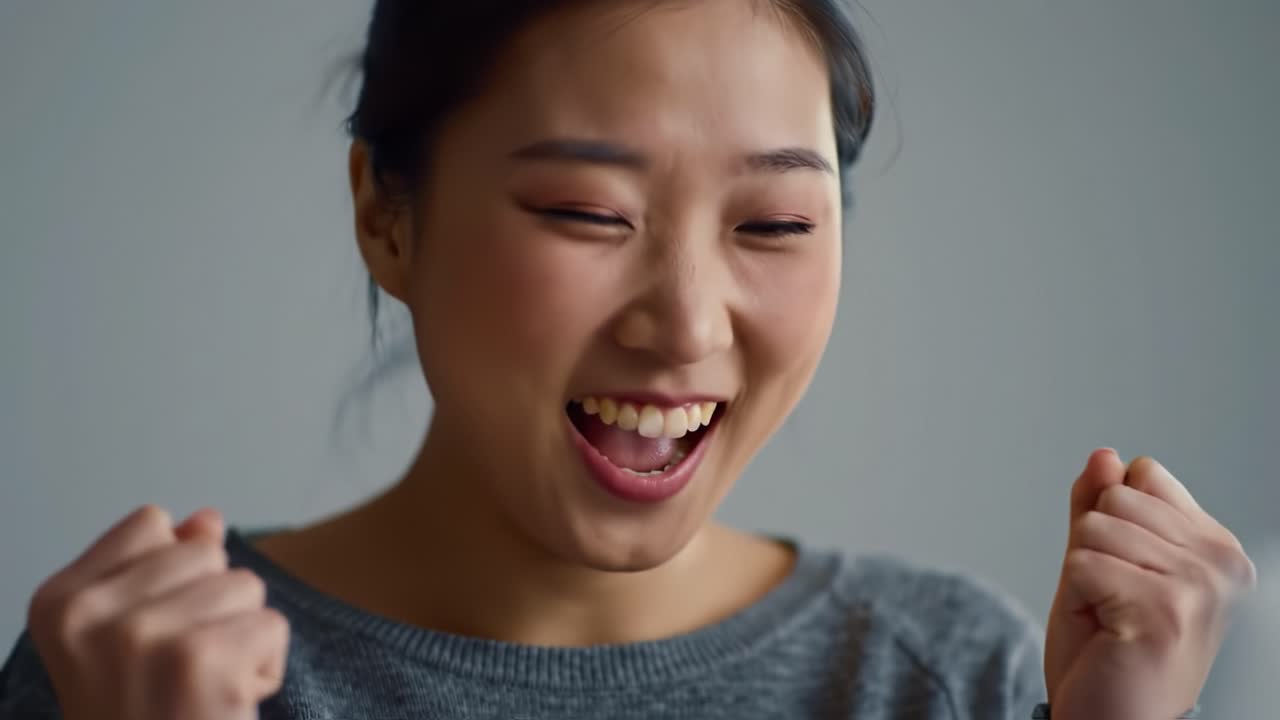 Joyful Expression: A Young Woman's Delightful Reaction Captured in Two Frames, Highlighting Pure Happiness and Excitement in Everyday Life