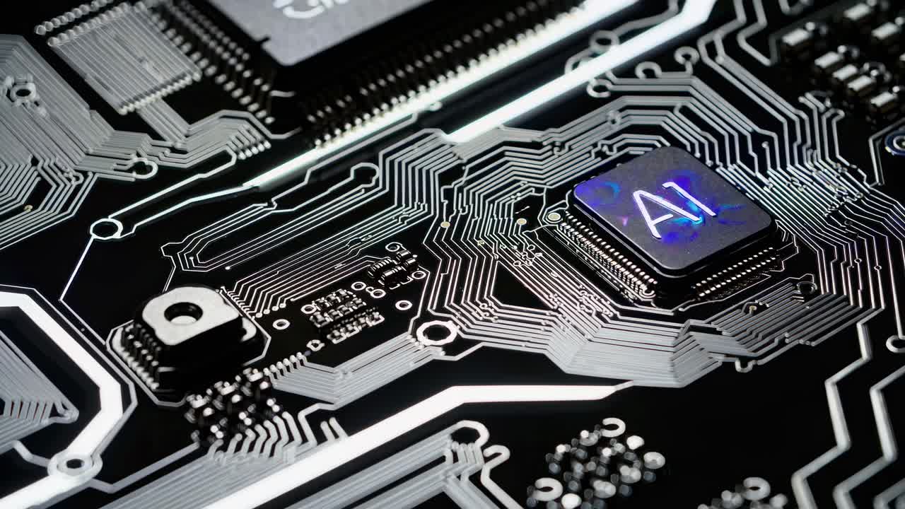 Close-up video shot of a circuit board with glowing AI chip, showcasing a futuristic
