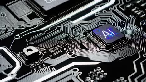 close-up video shot of a circuit board with glowing ai chip, showcasing a futuristic