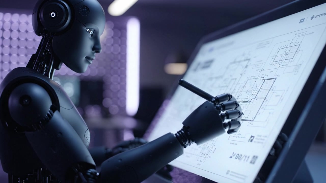 Innovative Robot Analyzing Complex Blueprints on a Digital Screen, Showcasing Advanced Technology and Precision Engineering in a Modern Workspace Setting.
