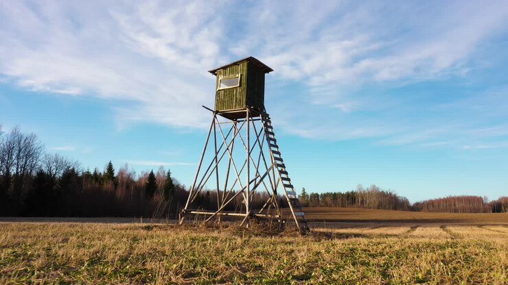 Tall hunting tower with stairs in low angle dolly in shot