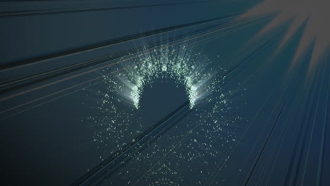 animación de partículas blancas brillantes que se mueven en movimiento circular sobre haces de luz parpadeantes, en negro
