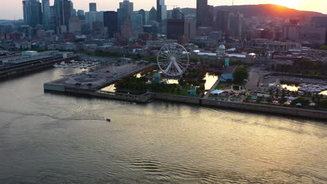 aerial view of montreal skyline at sunset