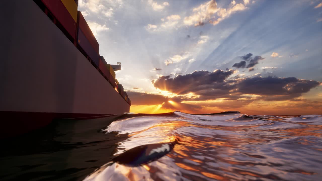 Loaded Container Cargo Ship Sailing Over Calm Sea Into The Sunset