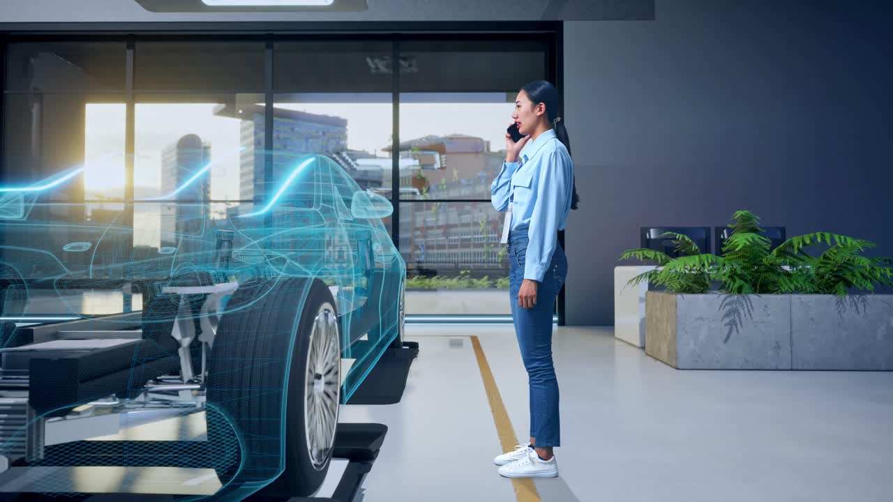 Donna che discute di design automobilistico in un ufficio moderno