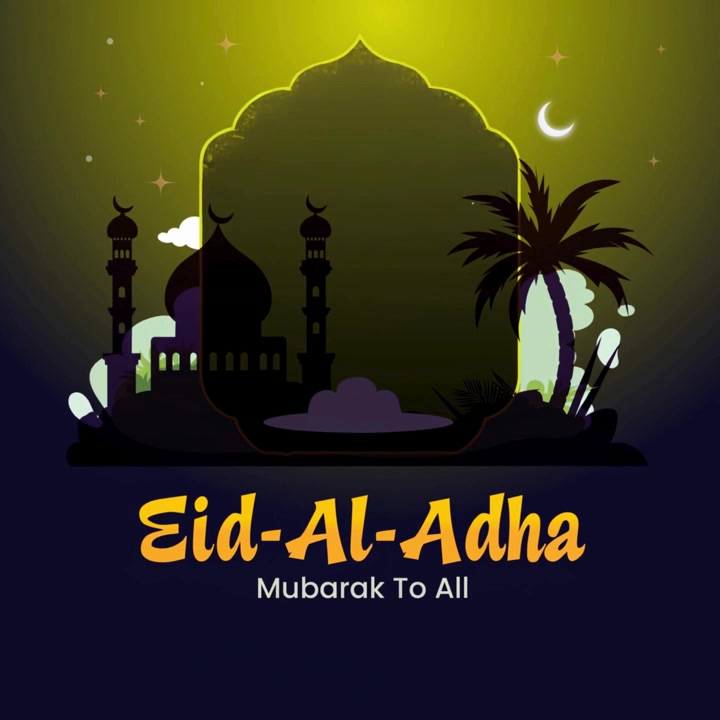 Animazione banner di auguri Eid Al Adha con bambino, pecora e capra che celebrano la festa islamica di notte