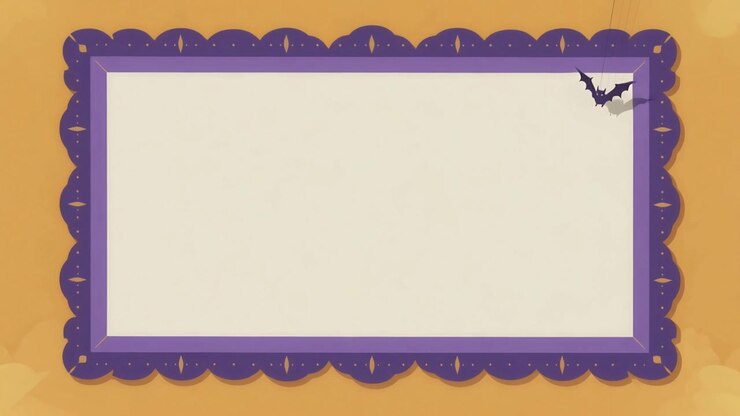 Appearing black bat flapping settling near purple frame corner, casting grey shadow over beige area