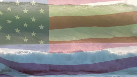 digital composition of waving us flag against waves in the sea