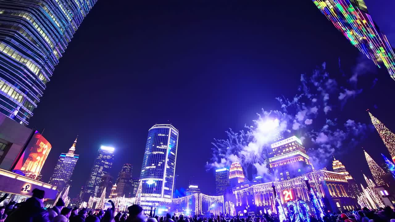 Vibrant cityscape with fireworks captured from a low-angle, showcasing illuminated skyscrapers
