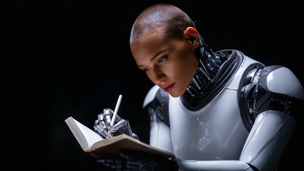 A futuristic humanoid robot deeply engaged in writing within a dimly lit environment, blending advanced technology with human-like characteristics and creativity