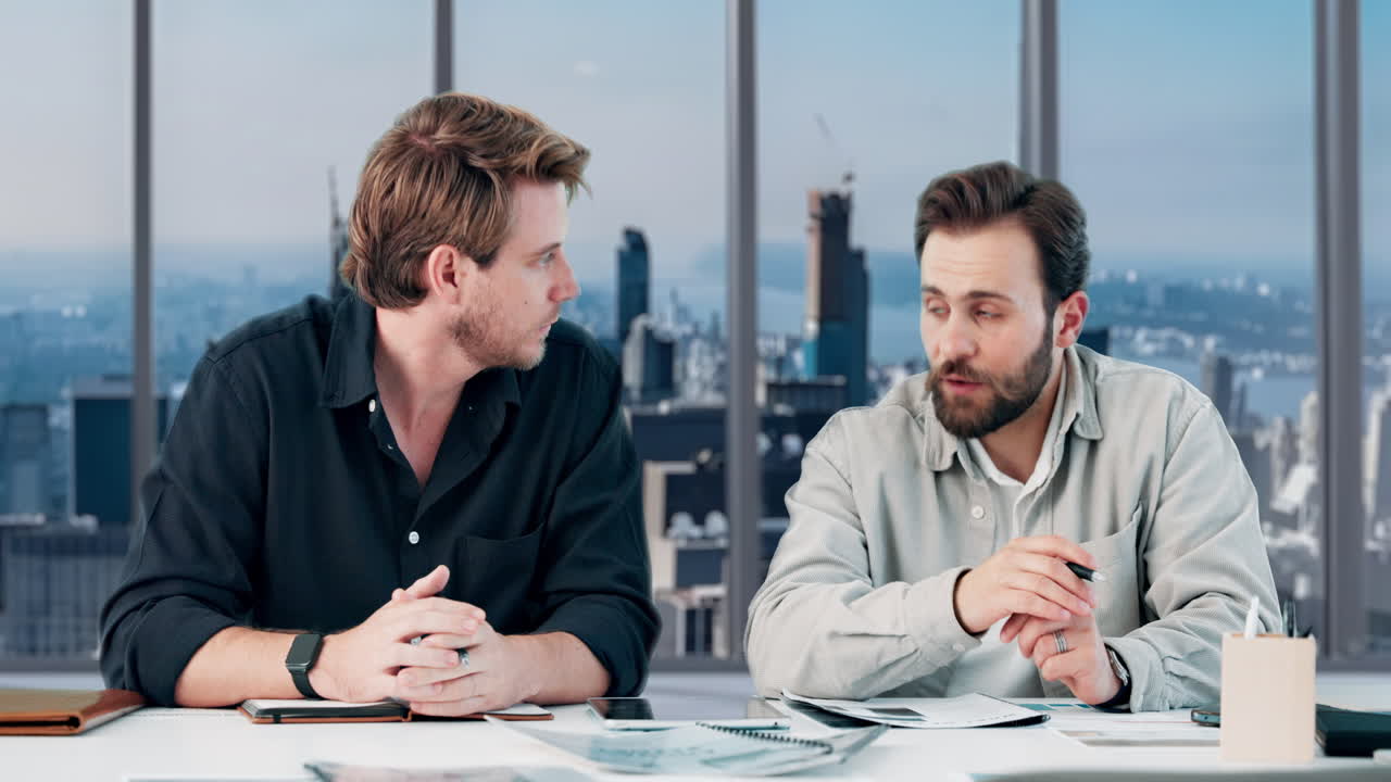 Two Businessmen Discussing Work in a Modern Office with City View
