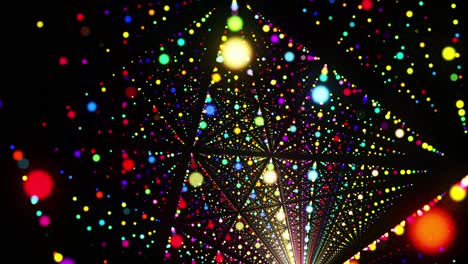 abstract 3d loop background with glowing particles lined up in a row in 3d space. festive vj loop with multicolored particles and smooth animated camera. motion design background.