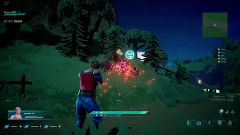 juego de video de noche en bucle concepto de maqueta: juego de disparos en tercera persona en 3d en línea multijugador batalla real. divertido arcade táctico con personajes corriendo, luchando, disparando armas, volando cosas