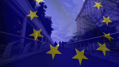 animation of waving eu flag against time-lapse of people walking on city bridge