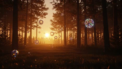 a serene forest at sunset with floating orbs: a captivating view of nature’s beauty and enchantment as the sun sets amidst the tall trees and ethereal spheres