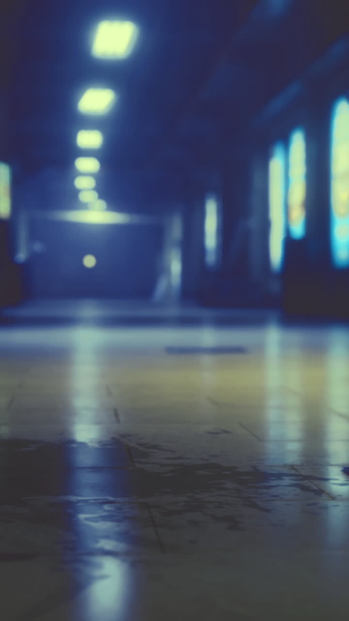 Vibrant glow in an empty corridor highlights reflections in the water