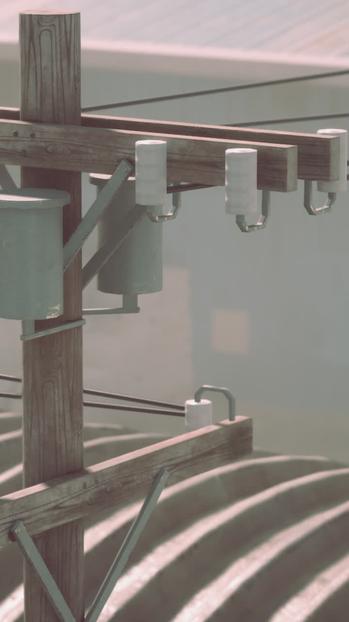 전력 선과 함께 나무 유리티 기둥의 클로즈업