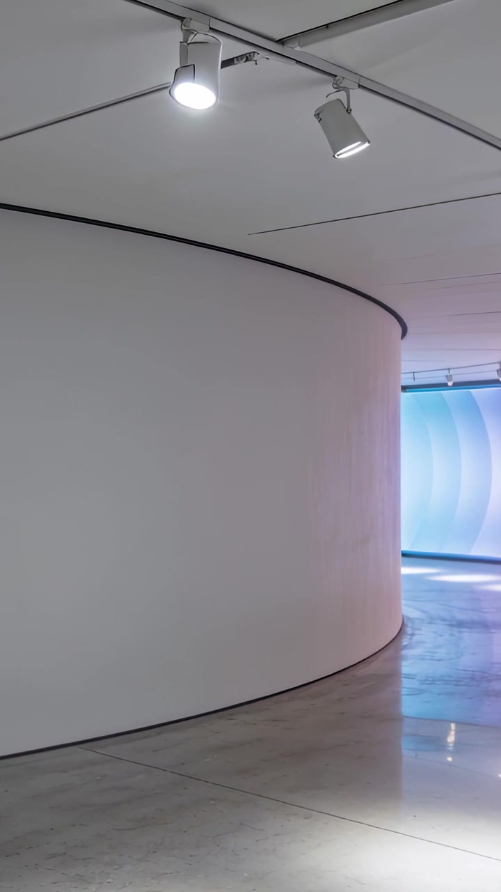 Vertical video: Gliding camera past curved white wall in museum, showing blue corridor reflections