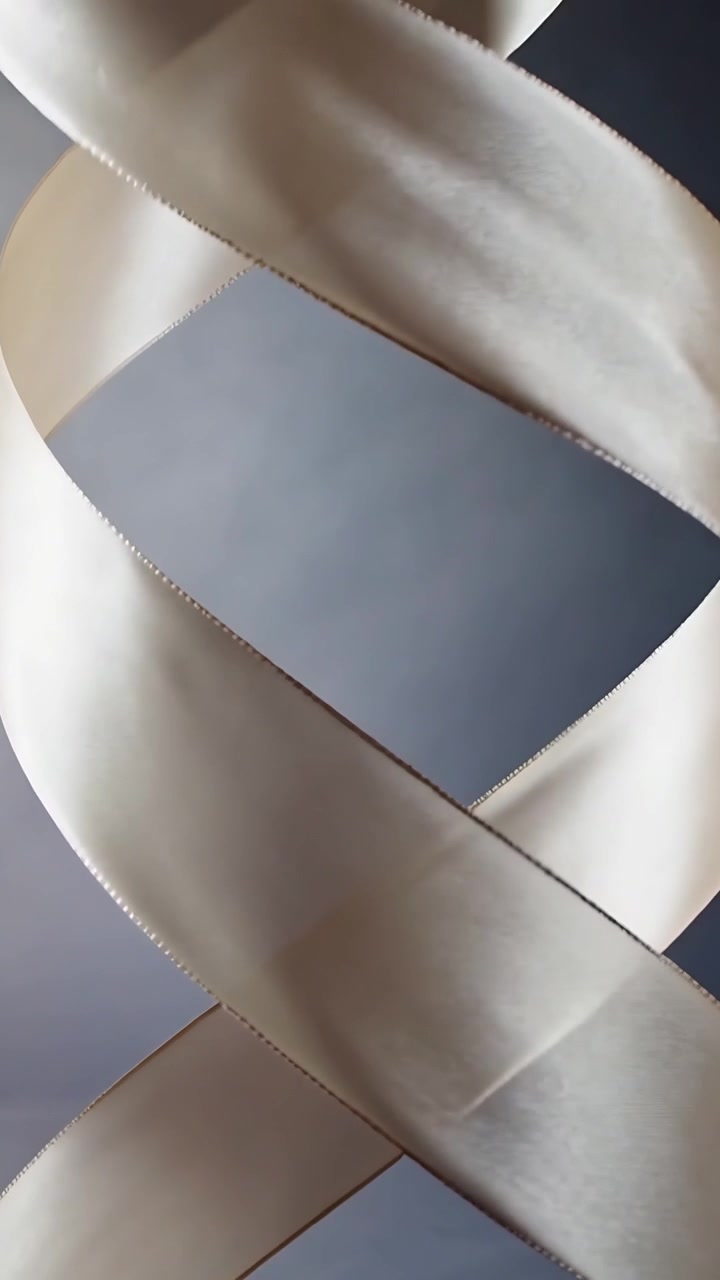 Vertical video: Opening with crossed X, rotating cream ribbon in studio, revealing stitched edge