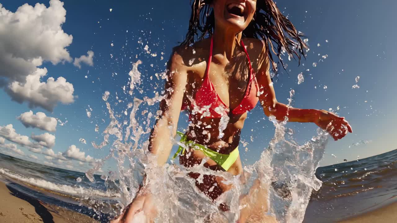 Toma dinámica en contrapicado de una mujer alegre salpicando en el océano, capturando la energía vibrante.