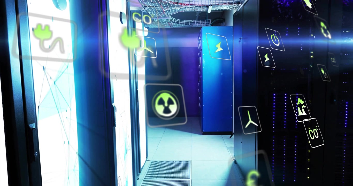 Panel glow launching energy icons drifting through server corridor showing environmental data flow