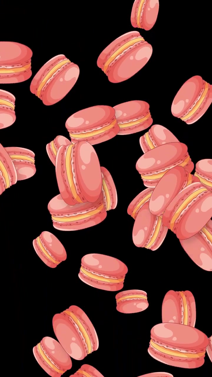 Pink French macarons fall and float through a black void in a vertical graphic animation.