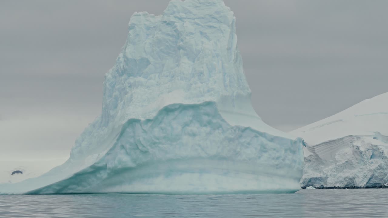 Außergewöhnlicher, von Wellen geformter antarktischer Eisberg mit einer breiten, erodierten Sockelbasis, gekrönt von einem zerklüfteten Turm, schwimmt auf einem spiegelglatten, ruhigen Polarmeer, während eine Robbe auf nahegelegenem Eis ruht.