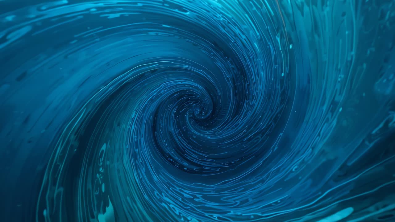 Animation starting abstract blue vortex swirling clockwise on screen, intensifying fluid patterns