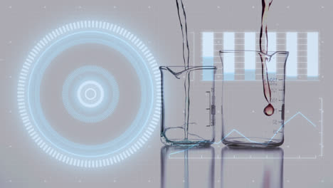 animation of diverse data over reagents pouring into lab glasses