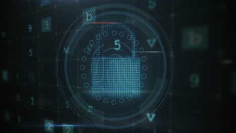 animation of cloud, lock, shield in circles with multiple texts, number and symbols on grid