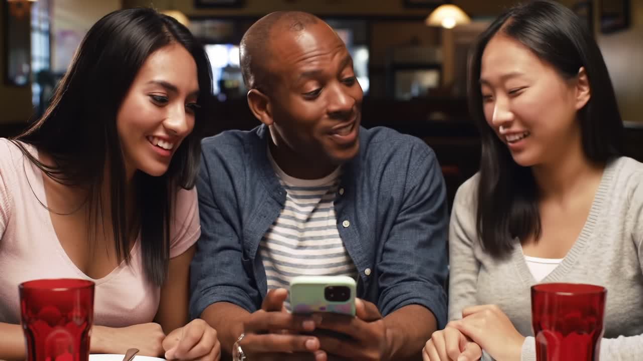 Three Friends Engaged in a Conversation Over a Smartphone at a Cozy Restaurant, Capturing the Joy of Modern Connectivity and Social Interaction