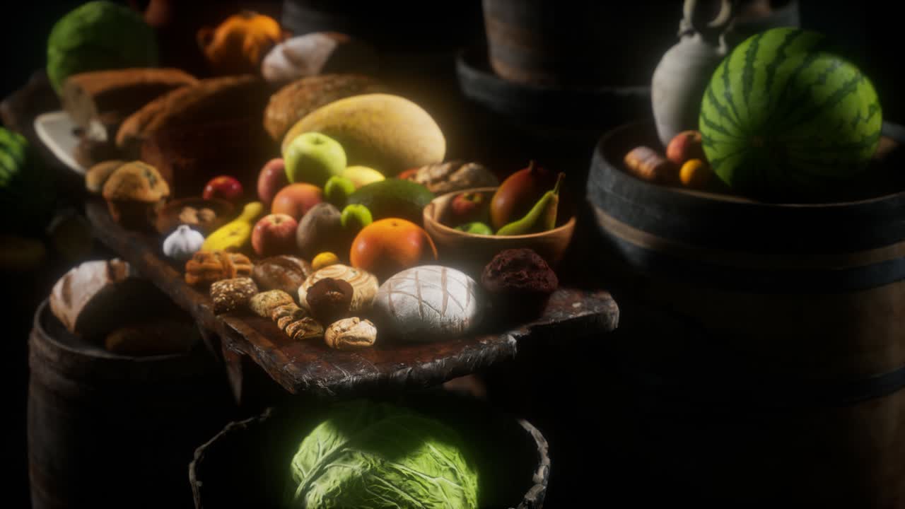 와인 배럴 과 일부 과일, 채소 및  ⁇  이 있는 식탁